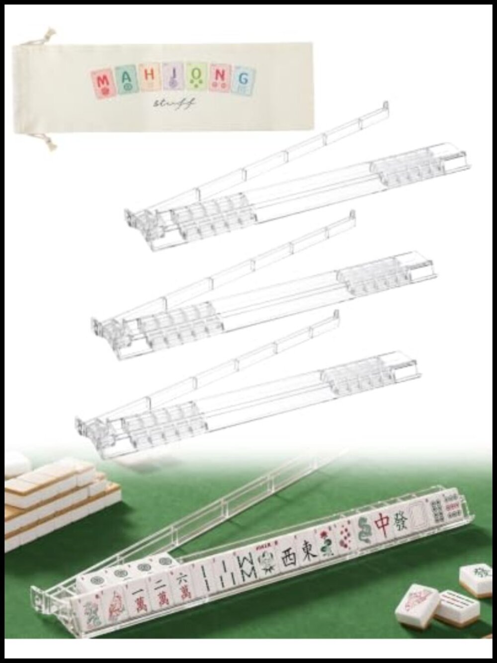 Clear Mahjong Racks with Pushers and Storage Bag, 17.5 Inch Set of 4